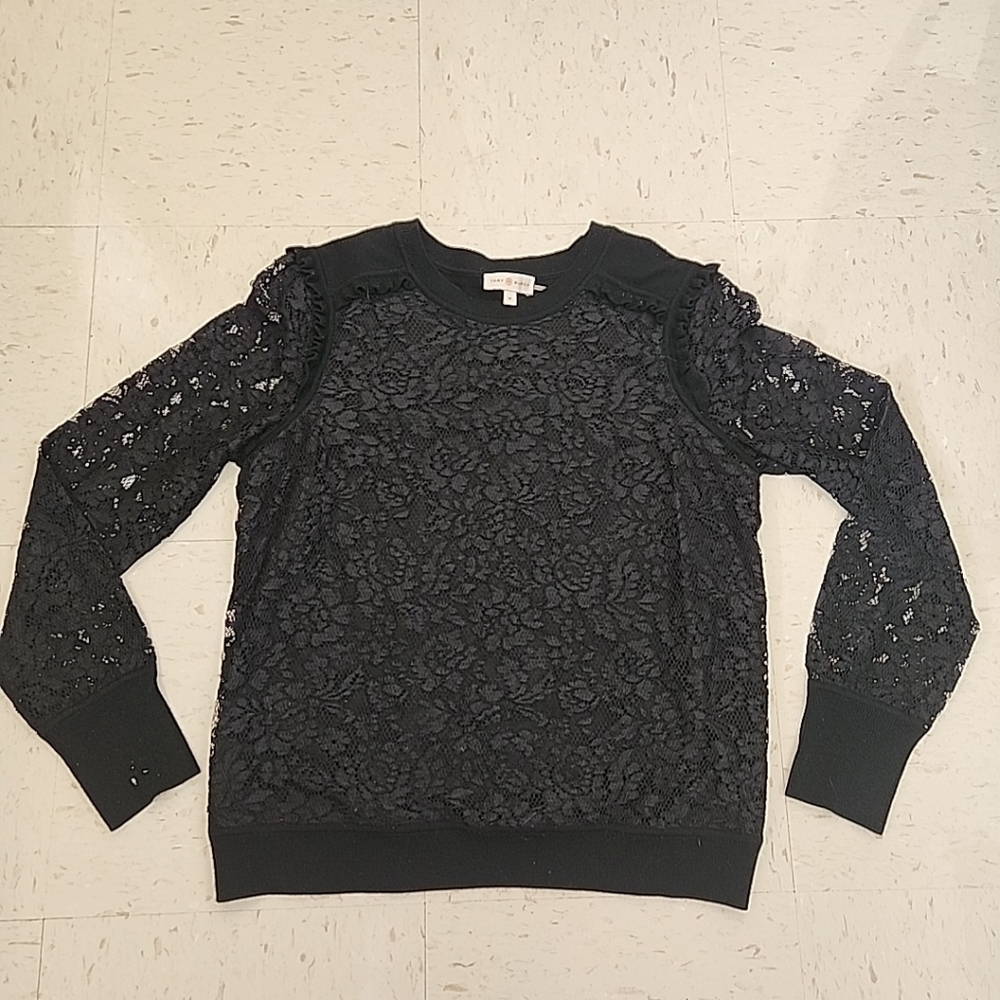 Tory Burch Black Dina Sweater Women’s Size Medium 100% Merino Wool Lace Front